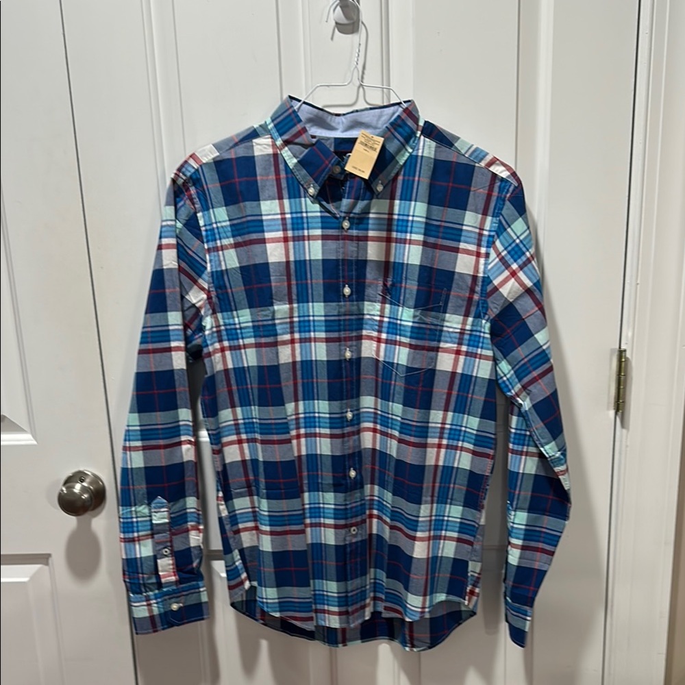 American Eagle Men's Plaid Button-Up Shirt - Blue, Red, White